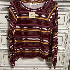 “Available” by Angela Fashion Horizontal Plum and Gold Striped Top S